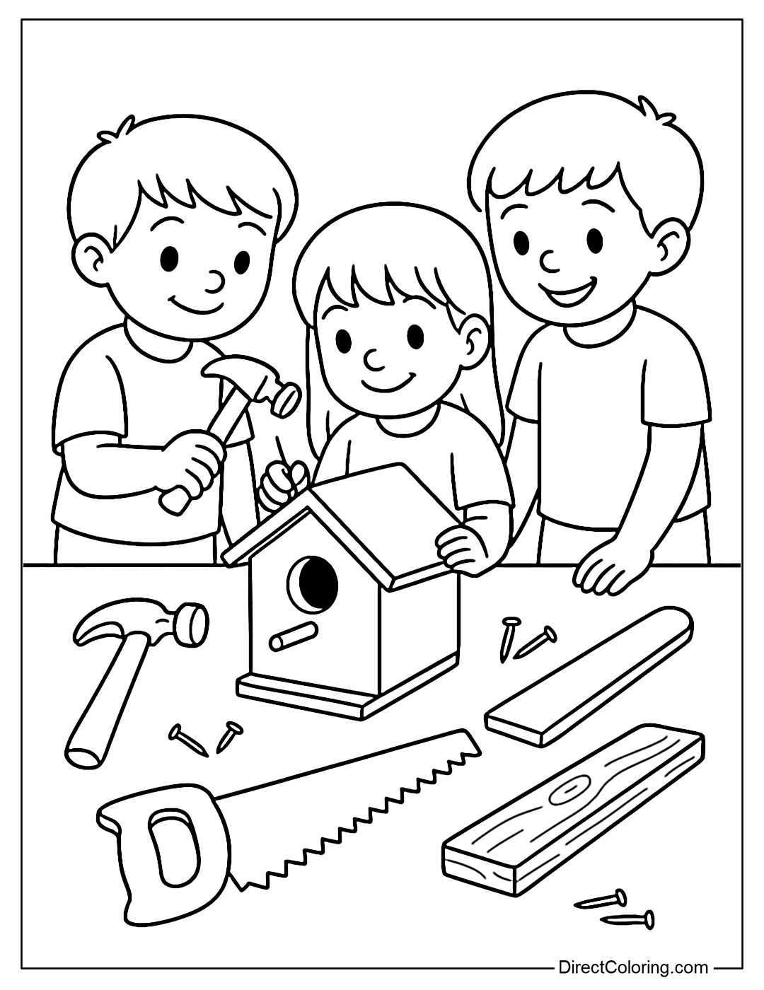 Coloring page of a group of children building a birdhouse out of wood, with nails and a hammer.